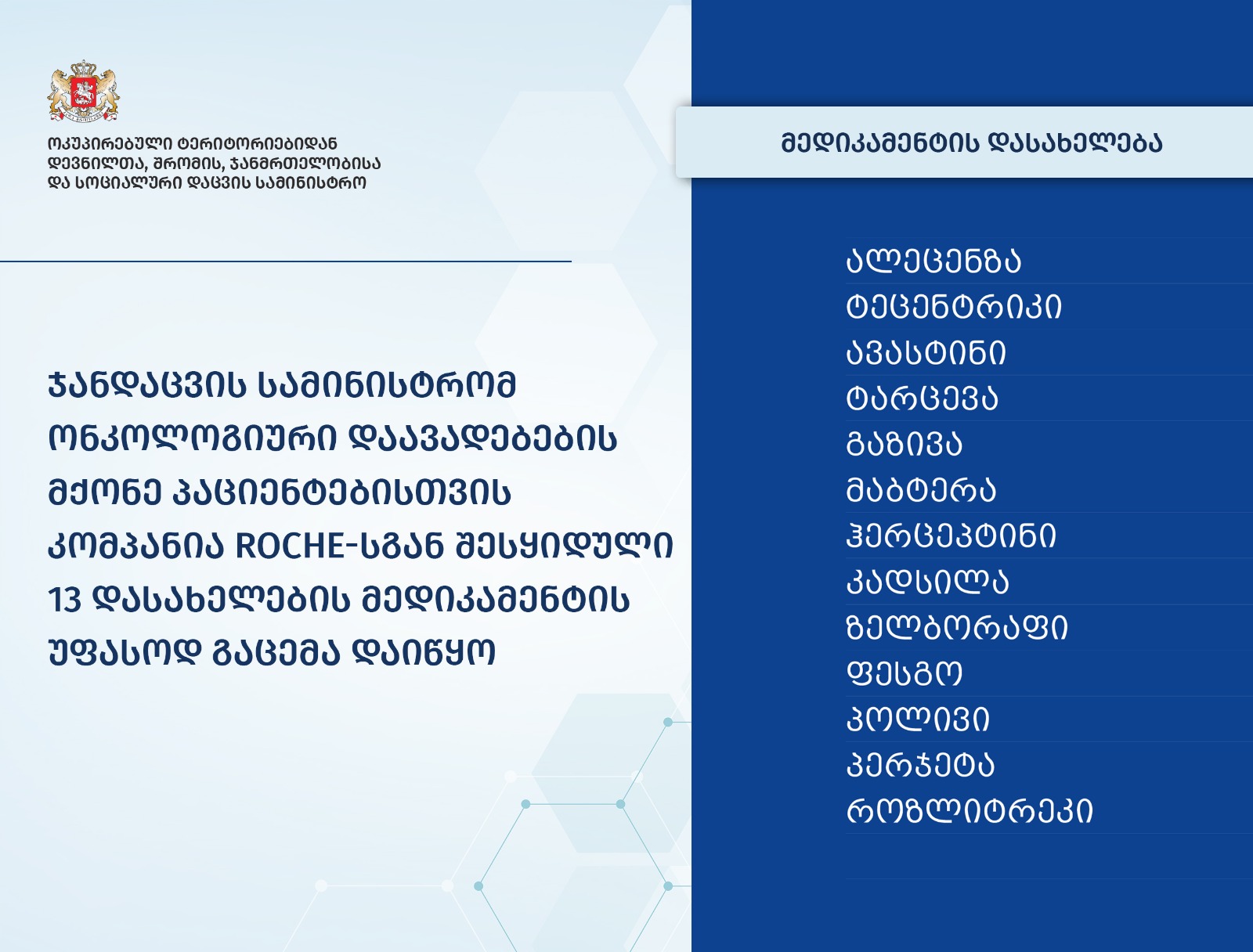 ონკოლოგიური დიაგნოზის მქონე პაციენტებისთვის საჭირო მედიკამენტების გაცემა დაიწყო